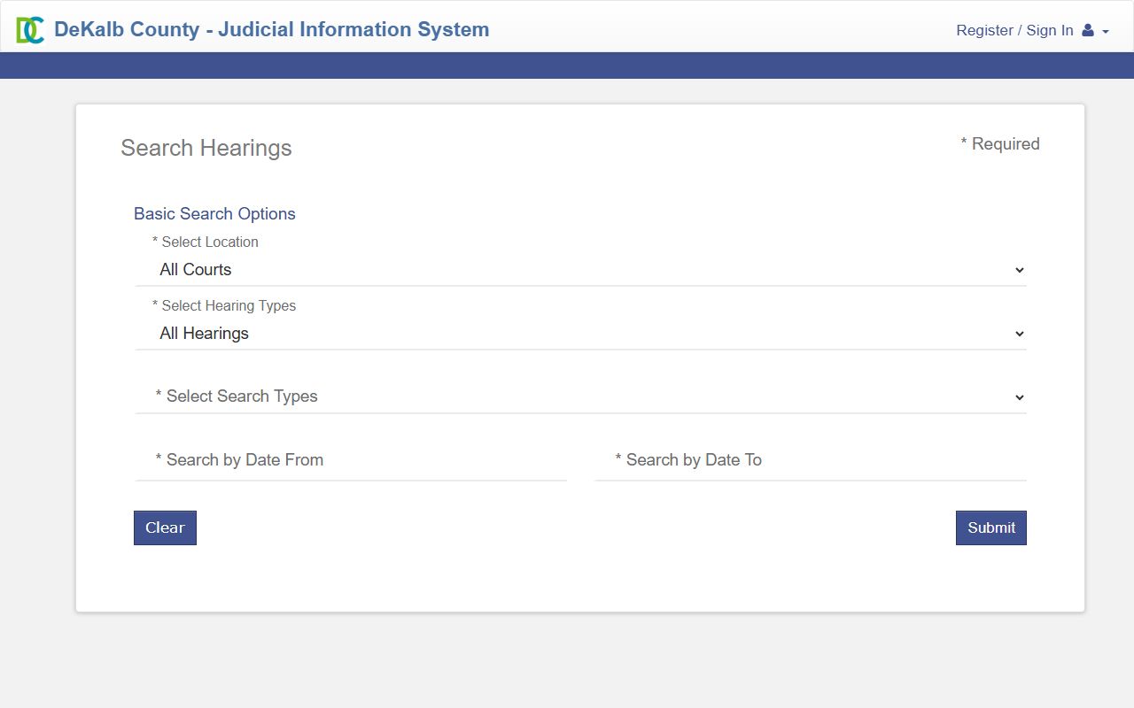 DeKalb County court dockets Search Hearings interface