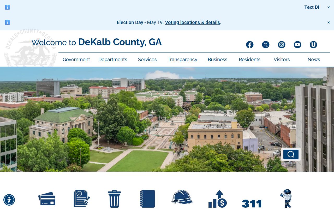 DeKalb County government homepage with links to courts, sheriff, and county records