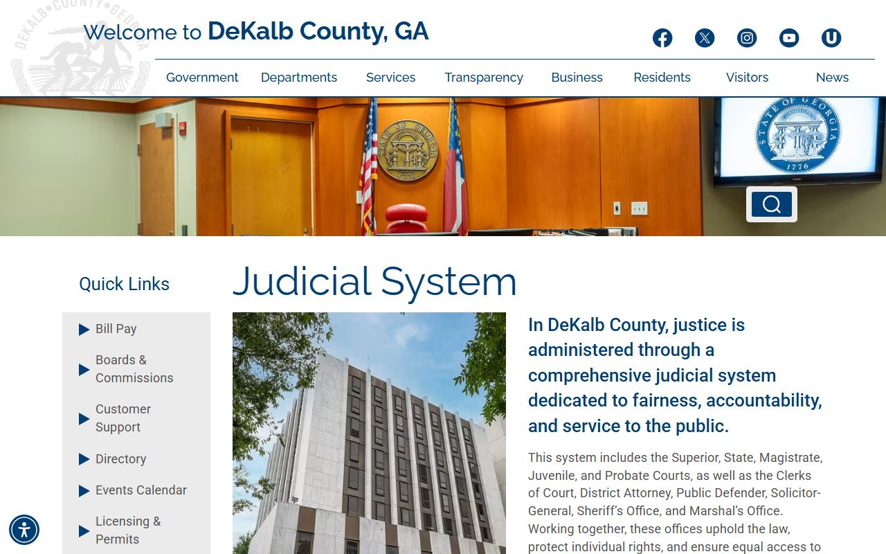DeKalb County judicial system landing page with links to Superior Court, State Court, and Magistrate Court records