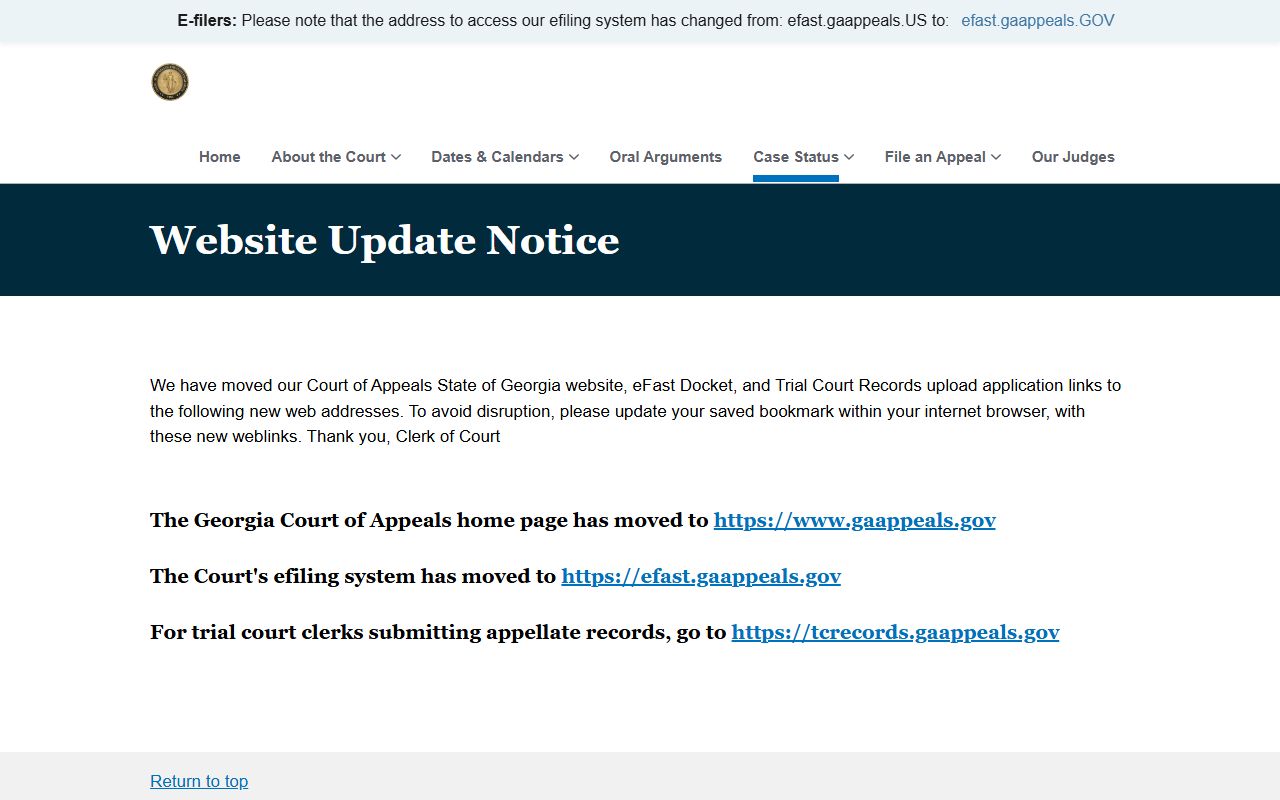 Court of Appeals of Georgia website homepage with case search and opinions for DeKalb appeals